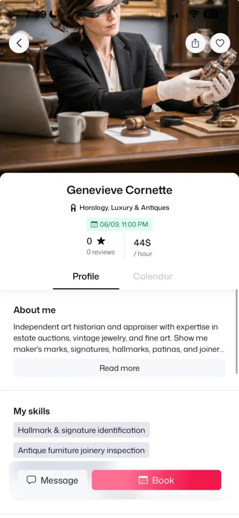 Buzznow expert profile and booking screen