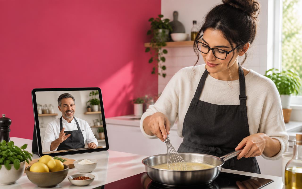 A home cook wearing compatible AI glasses follows live guidance from a culinary expert on a tablet