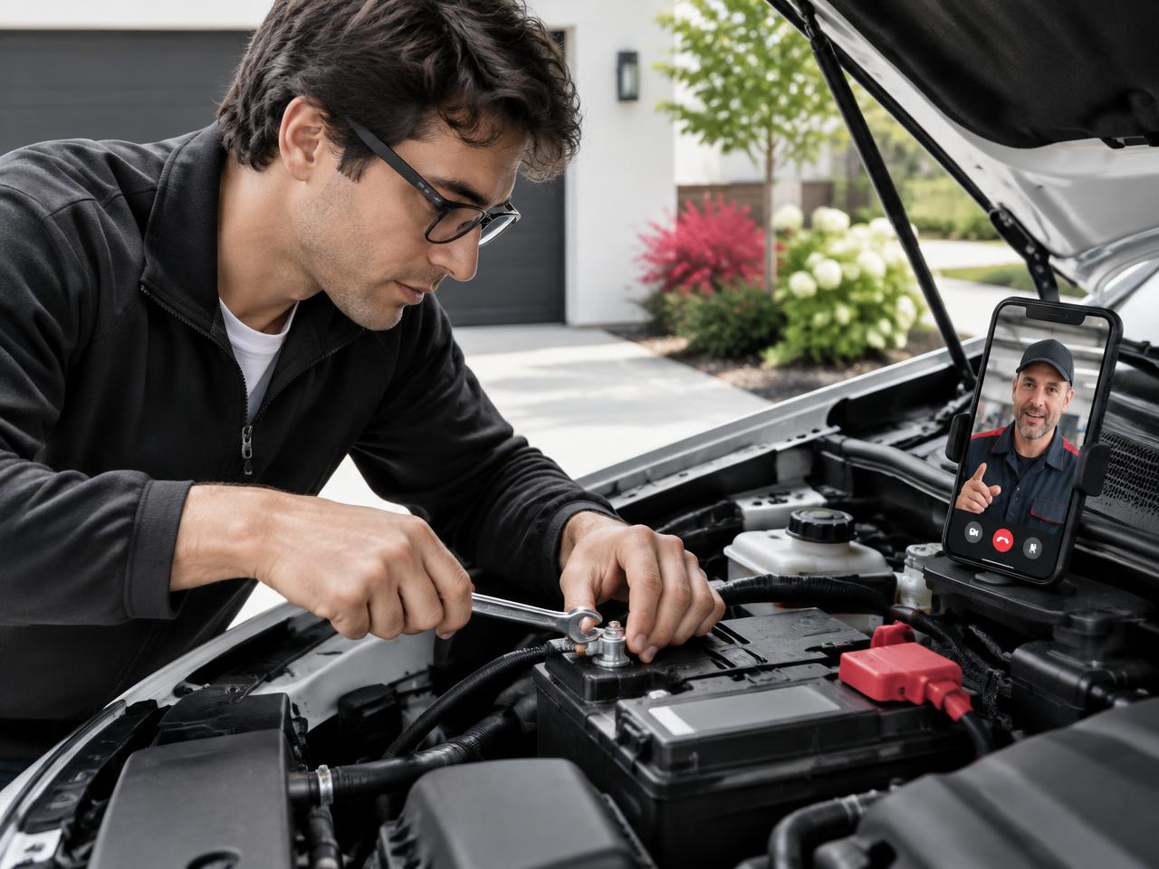 Driver wearing connected glasses tightening a car battery terminal while a mechanic guides the work remotely