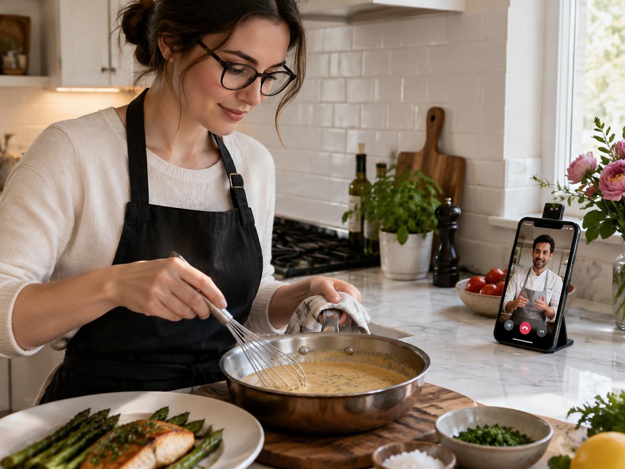 Home cook wearing connected glasses whisking a pan sauce while a professional chef guides them remotely