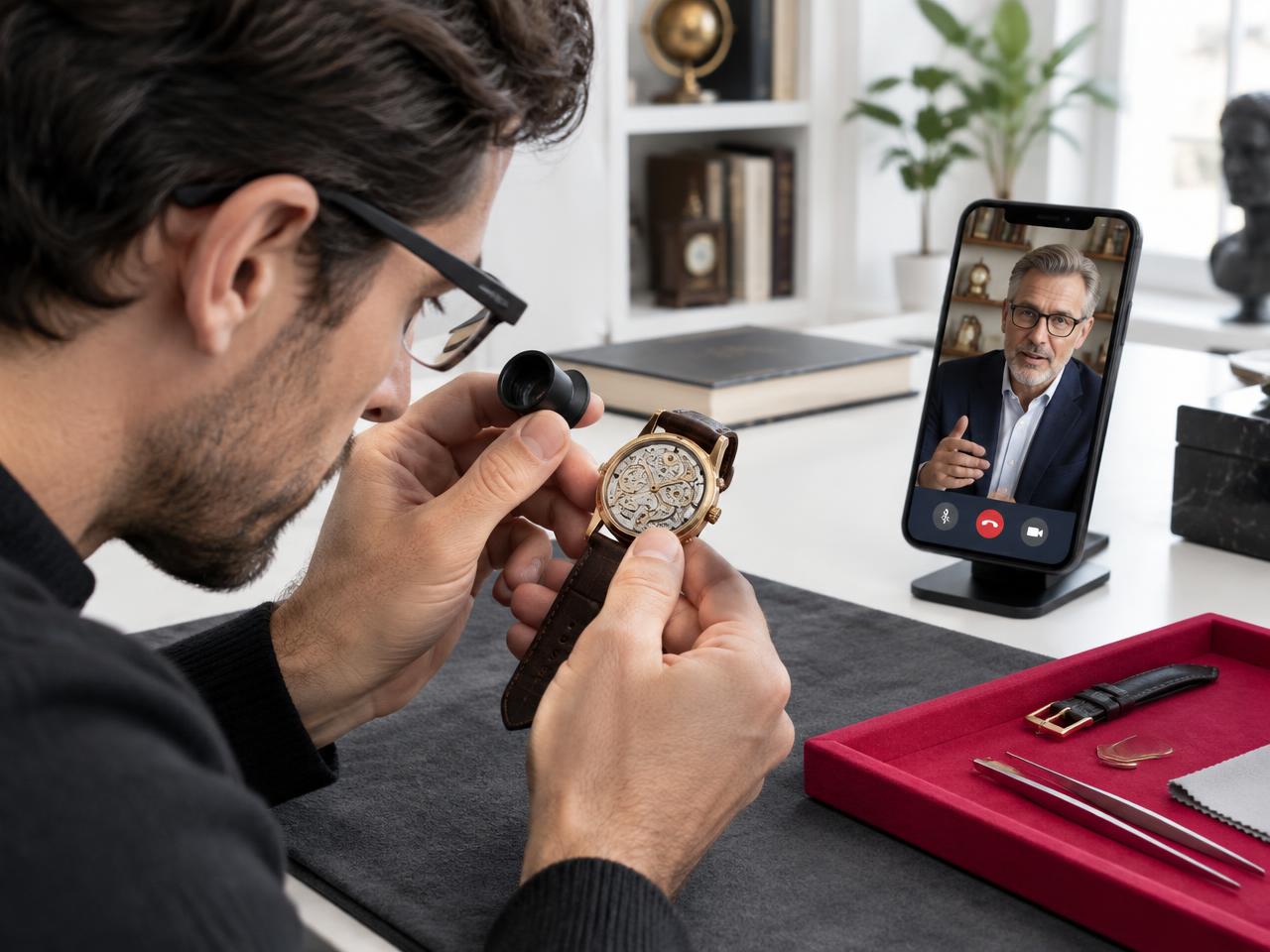 Collector wearing connected glasses examining a vintage watch while an appraiser advises remotely