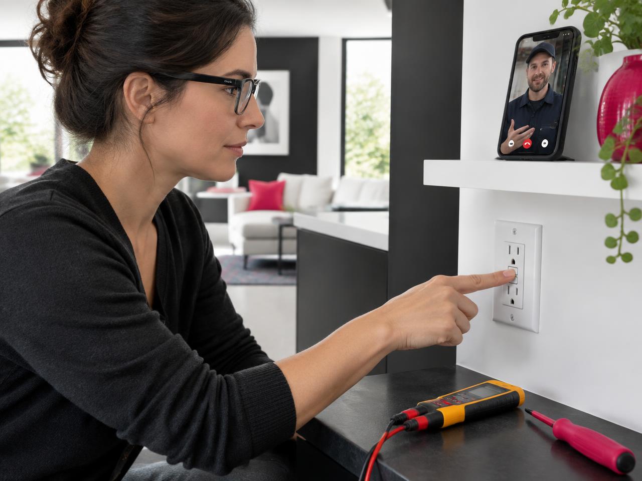 Homeowner wearing connected glasses testing a GFCI outlet while an electrician guides the process remotely