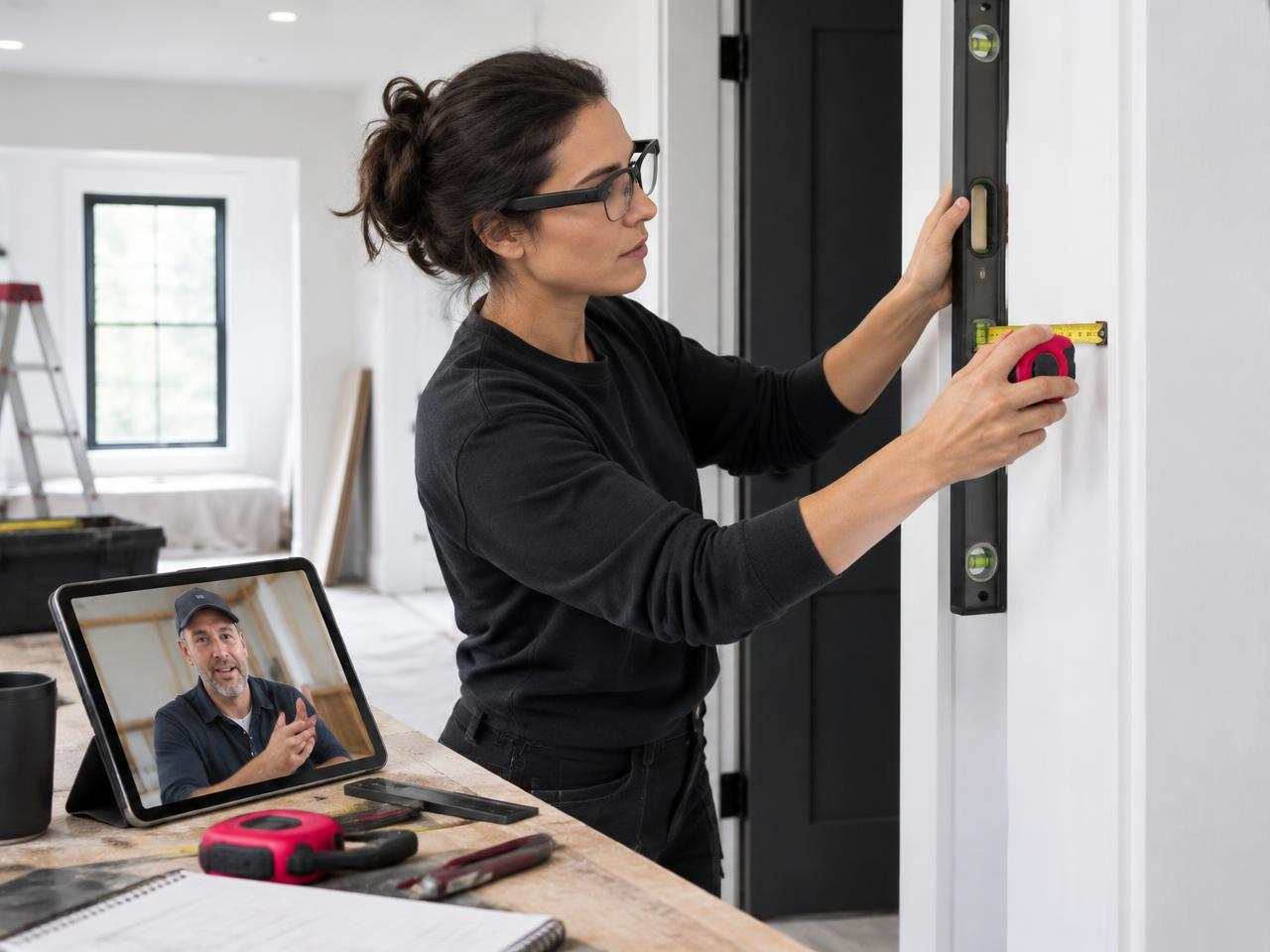 Homeowner wearing connected glasses measuring a doorway while a general contractor advises remotely