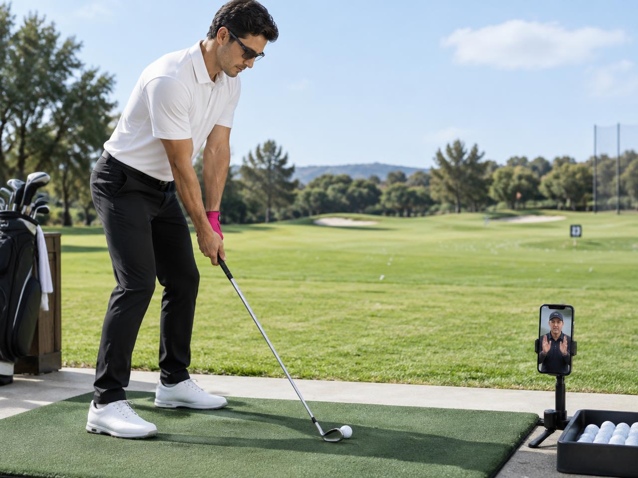 Golfer wearing connected glasses adjusting their grip while a remote coach guides the practice swing