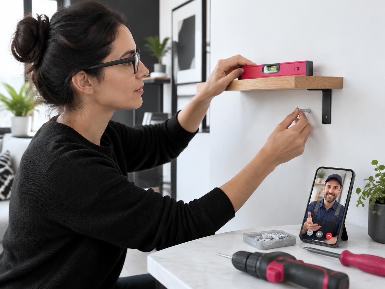 Homeowner wearing connected glasses leveling a shelf while a handyman guides the installation remotely
