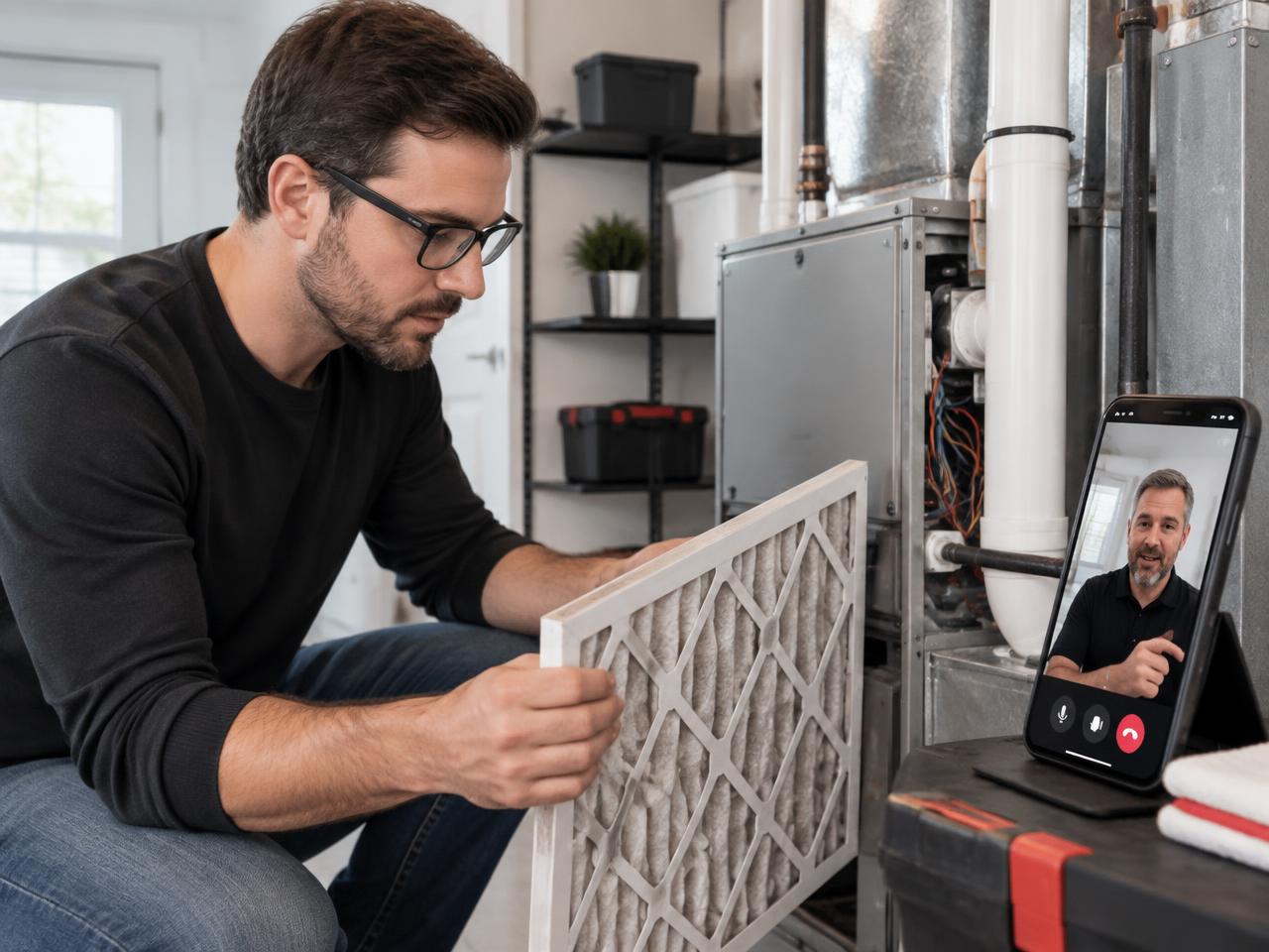 Homeowner wearing connected glasses replacing a furnace filter while an HVAC expert guides the work remotely