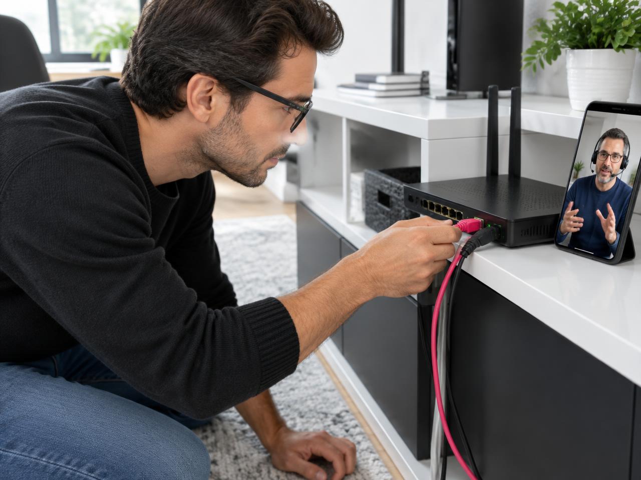 Homeowner wearing connected glasses reconnecting a router cable while an IT expert guides them remotely
