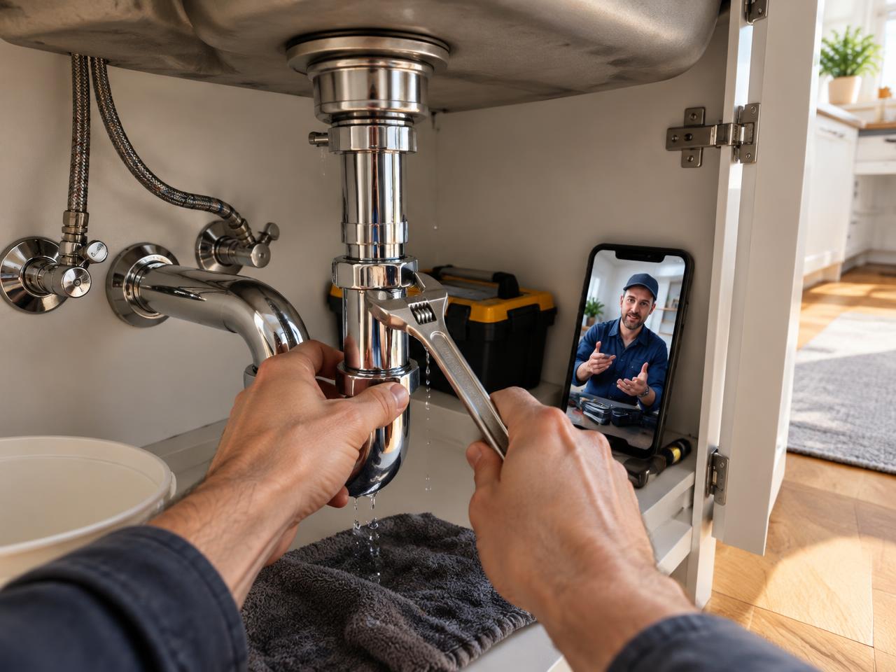 Homeowner wearing connected glasses tightening a sink trap while a plumber expert guides the repair remotely