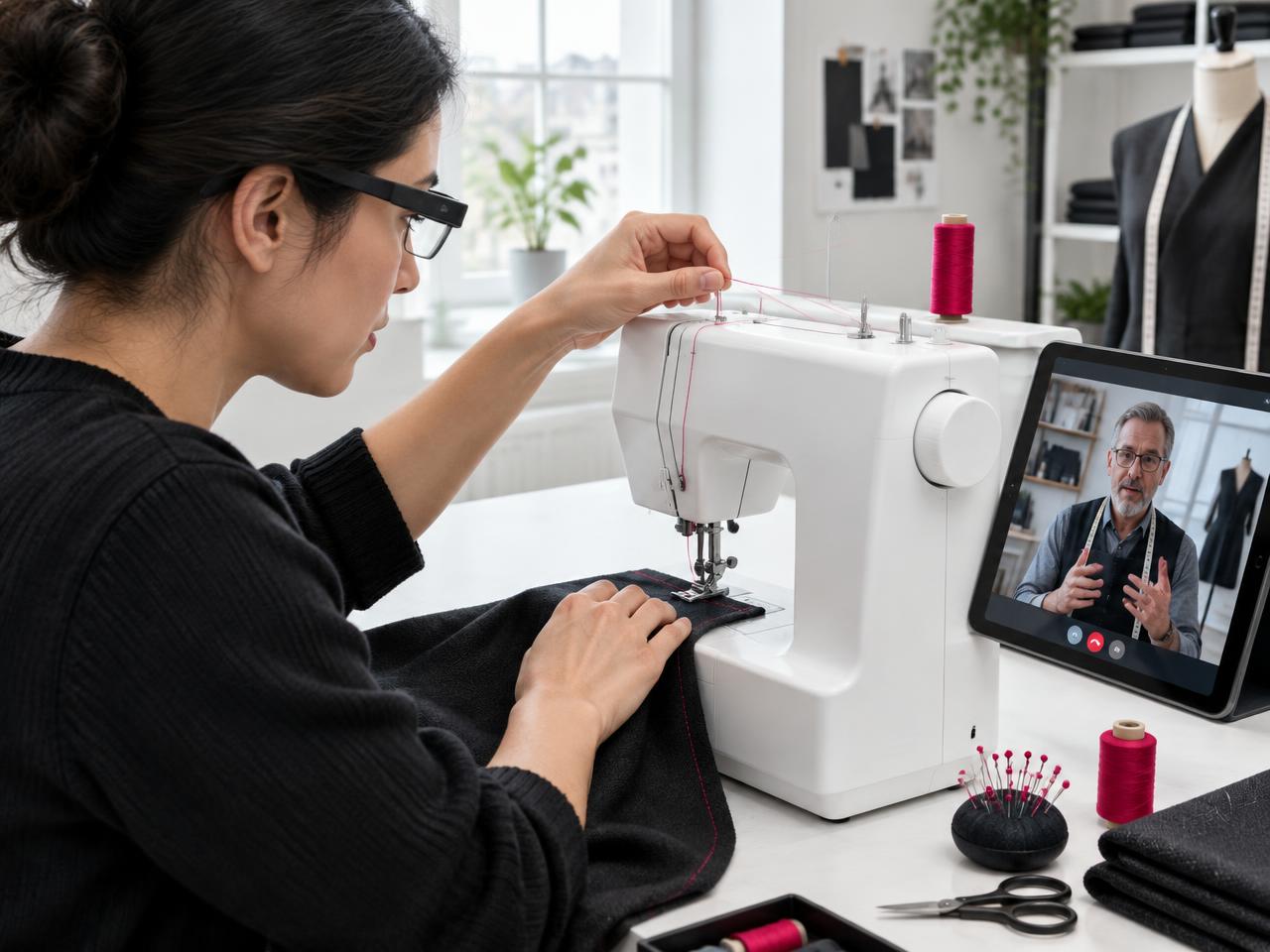 Sewing learner wearing connected glasses rethreading a machine while a tailor guides them remotely